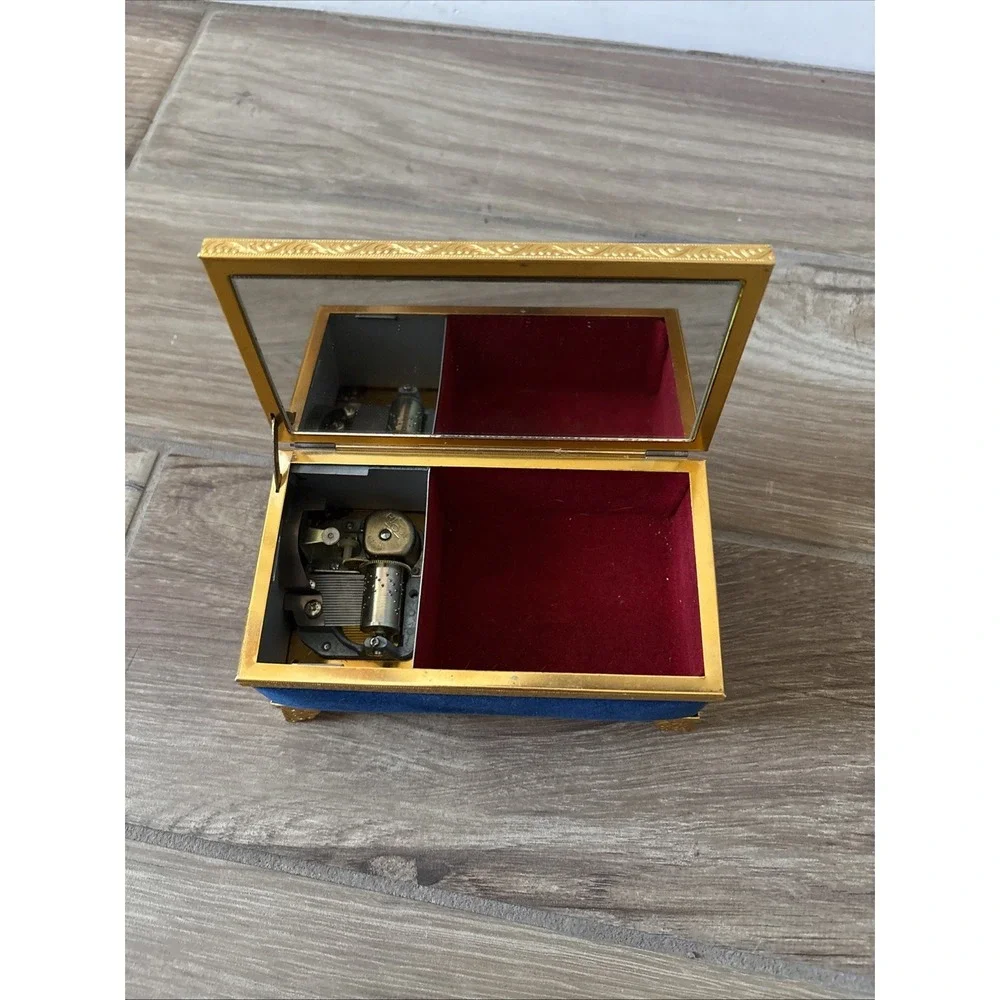 Arnart Japan 1966 Vintage Musical Jewelry Box Blue Velvet Gold Floral Vtg
